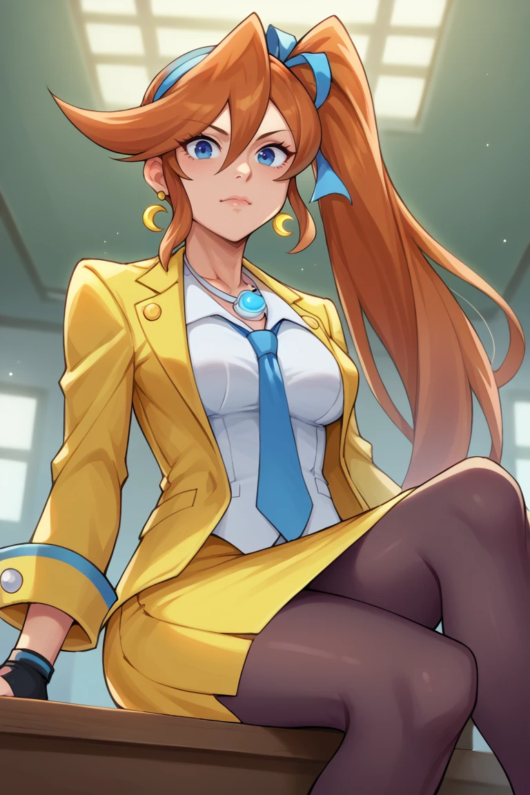 score_9, score_8_up, score_7_up, BREAK, <lora:bbcchan-guy-PONYv1:1>, 1girl, solo, breasts, <lora:aa_athenacykes_ponyXL:0.95> athena cykes, side ponytail, hair ribbon, yellow jacket, blue necktie, single glove, yellow skirt, pantyhose, jewelry, necklace, crescent earrings, from below, sitting, table, courtroom, looking at viewer, on table,