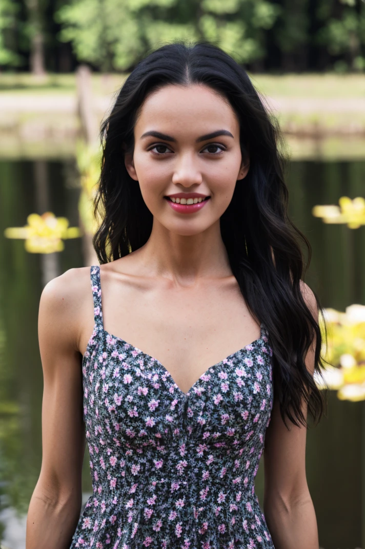 tv_Sinead_Harnett_A, model pose, joyful expression, ((wearing a flowered summer dress )),full body shot, High Noon, at a forest pond, (((relaxed))), "epic-Ultra-HD-details", "epic-Ultra-HD-highlights", PA7_Human-Likeness