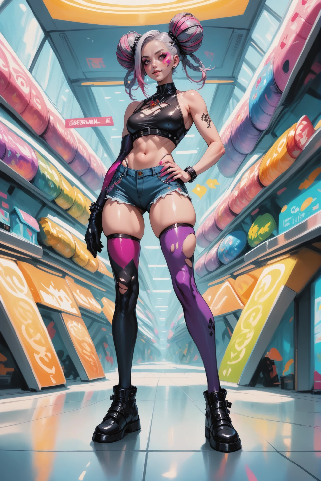 score_9, score_8_up, score_7_up, score_6_up, score_5_up, score_4_up, source_anime, anime style digital painting, 1girl, woman, punk rocker bad girl, cute, [:colorful, sexy costume design,:0.2], bombshell punk hair, glowing purple hair with pink highlights, multcolored hair, torn denim shorts, bombshell hair, silver hair, Double Braided Buns, thicc athletic build, medium breasts, caucasian, abandoned shopping mall in a spaceport in a cheerful scifi city edge of the multiverse, masterpiece<lora:EnvyEponymous-beta2:1>