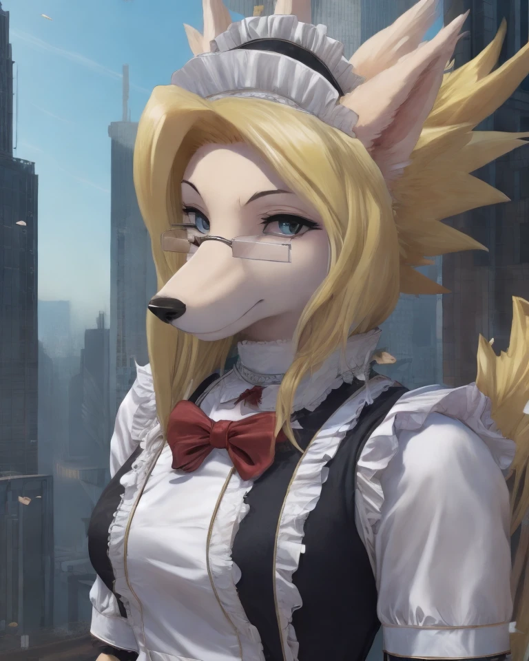 solo, detailed anime, half-length portrait, city background, ,
merveillemillion, canine, rectangular glasses, female, clothed, maid uniform, <lora:merveillemillion:1>