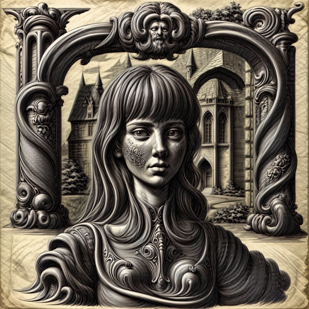 pretty girl, castle behind, engrave, <lora:LCM_LoRA_Weights_SD15:1>, <lora:difConsistency_detail:2> exquisite detail, <lora:Grotesque_Bierpfaff_Style_05:1>, grotesque style, sharp, black and white, lineart