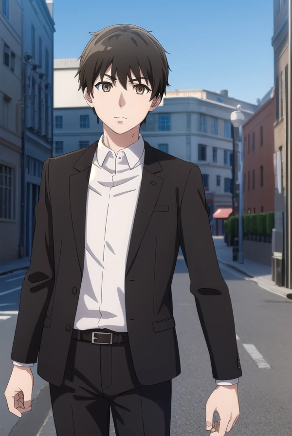 kimihikokimizuka, <lora:kimihiko kimizuka s1-lora-nochekaiser:1>,
kimihiko kimizuka, short hair, brown hair, black hair, (brown eyes:1.5), male focus,
BREAK shirt, jacket, white shirt, collared shirt, belt, pants, black jacket, black pants, formal, suit,
BREAK outdoors,
BREAK looking at viewer, dynamic pose, cowboy shot,
BREAK <lyco:GoodHands-beta2:1>, (masterpiece:1.2), best quality, high resolution, unity 8k wallpaper, (illustration:0.8), (beautiful detailed eyes:1.6), extremely detailed face, perfect lighting, extremely detailed CG, (perfect hands, perfect anatomy),