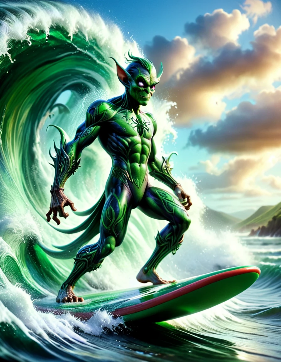 the green goblin from spiderman in surfing pose on a liquid green wave with his ral-cltc surfboard, made out of ral-cltc <lora:ral-cltc:0.75>