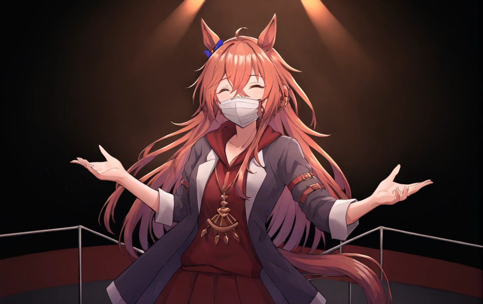 1girl,masked_sankanba,(umamusume),horse tail,horse ears,perfect anatomy,(an extremelydelicate and beautiful:1.2),closed eyes,half-closed eyes,(narrowed eyes:1.3),
masterpiece,newest,absurdres,best quality,Cinematic Lighting,incredibly absurdres,realistic,reality,colorful,solo,long hair,skirt,
<lora:masked_sankanba-XL_v001:0.9>,(stage:1.2),singing,strong rim light,(concert:1.4),<lora:UmaDiffusionXL:0.7>,surgical_mask
