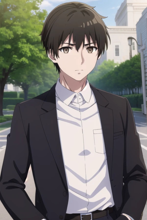 kimihikokimizuka, <lora:kimihiko kimizuka s1-lora-nochekaiser:1>,
kimihiko kimizuka, short hair, brown hair, black hair, (brown eyes:1.5), male focus,
BREAK shirt, jacket, white shirt, collared shirt, belt, pants, black jacket, black pants, formal, suit,
BREAK outdoors,
BREAK looking at viewer, dynamic pose, cowboy shot,
BREAK <lyco:GoodHands-beta2:1>, (masterpiece:1.2), best quality, high resolution, unity 8k wallpaper, (illustration:0.8), (beautiful detailed eyes:1.6), extremely detailed face, perfect lighting, extremely detailed CG, (perfect hands, perfect anatomy),