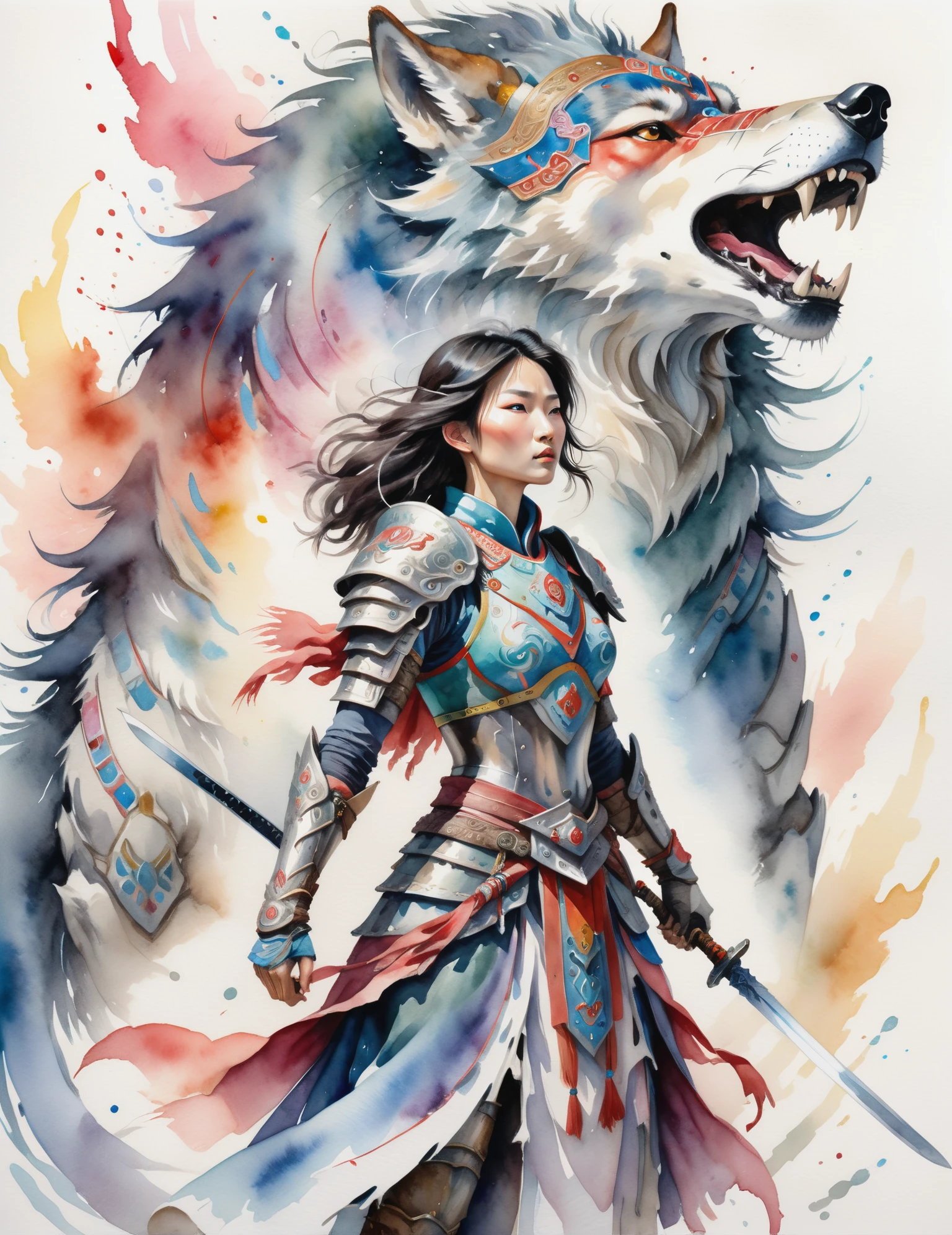 Wide angle Watercolor painting, (Mongolian warrior woman:1.2), Centered composition, Regal armor, Ferocious wolf, (Glistening sword:1.2), Ethereal white backdrop, Nomadic strength, Vibrant details, Mystical aura, Soft color palette, Inspired by "Howl's Moving Castle." <lora:Artistic Image Enhancement v1.0:0.4>