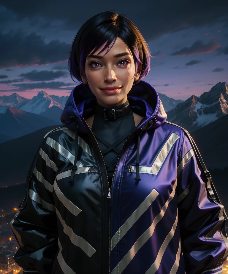 Reina,two-tone hair,brown eyes,
black and purple jacket, collar,
standing,smile,looking at viewer,
night,mountain,
(insanely detailed, masterpiece, best quality),<lora:ReinaM-11STD:0.8>,