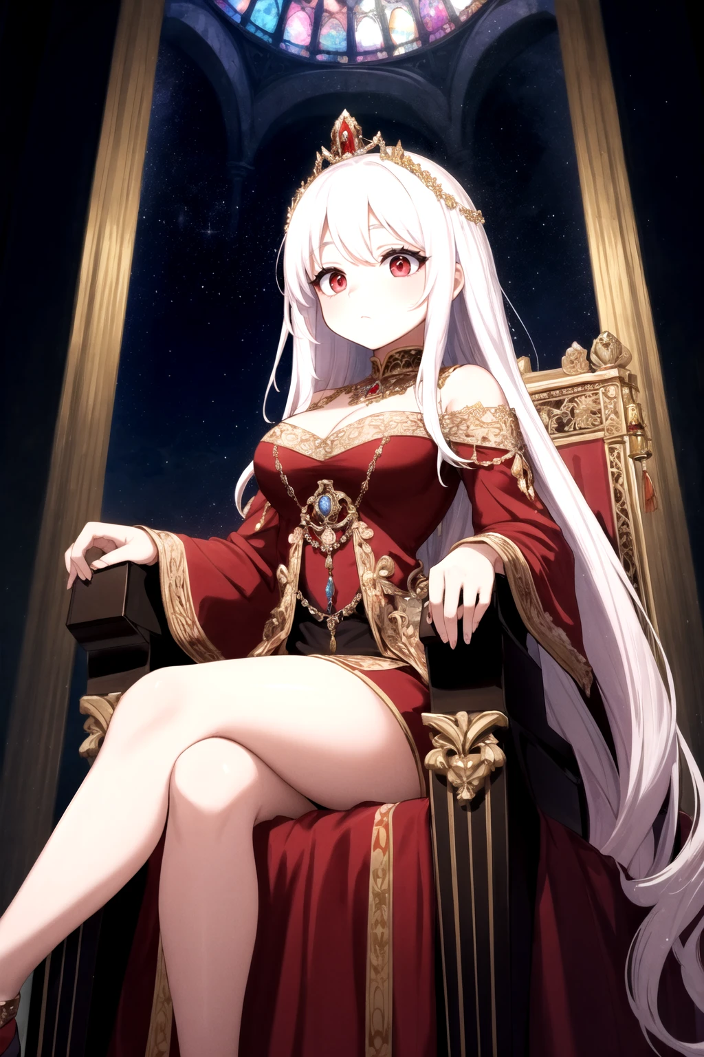 Step into the opulent realm of "Crimson Monarchy," a kingdom where power and beauty converge in the form of a resplendent queen. Visualize an awe-inspiring image of the queen, her white hair cascading like a regal waterfall, her deep red eyes reflecting both wisdom and authority, as she sits upon her throne, contemplating her kingdom.
The throne room exudes grandeur and majesty, adorned with ornate golden accents and draped in rich crimson tapestries that bear the emblem of the realm. Sunlight streams through towering stained-glass windows, casting a kaleidoscope of colors upon the polished marble floors. The air is infused with the scent of polished wood and perfumed candles, adding to the atmosphere of regal elegance.
Seated upon her throne, the queen radiates an aura of both power and grace. Her white hair is a symbol of her wisdom and experience, flowing like a river of moonlit silk. Her deep red eyes, intense and captivating, hold the secrets of the kingdom and speak of her unwavering resolve. She embodies a formidable ruler whose beauty and authority command the admiration of her subjects.
The queen's attire is befitting of her royal stature, exuding a sense of regality and refinement. Picture her in a gown adorned with intricate embroidery and precious gemstones that catch the light and shimmer like stars. The gown is a testament to her strength, embracing her figure with confidence while still allowing her freedom of movement. A regal crown rests atop her head, symbolizing her rightful place on the throne.