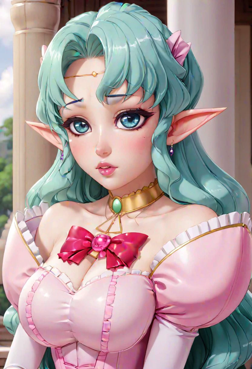 Arietta Elfinrine, delicate lady, violet eyes, detailed eyes, blush, Beautiful lips, lipgloss, luscius lips, teal hair, cross collar, pandant earrings, red ribbon on chest,  pink princess dress, elbow gloves, Forehead jewelry, delicated and intrincade, masterpiece, ultra detailed, 4k