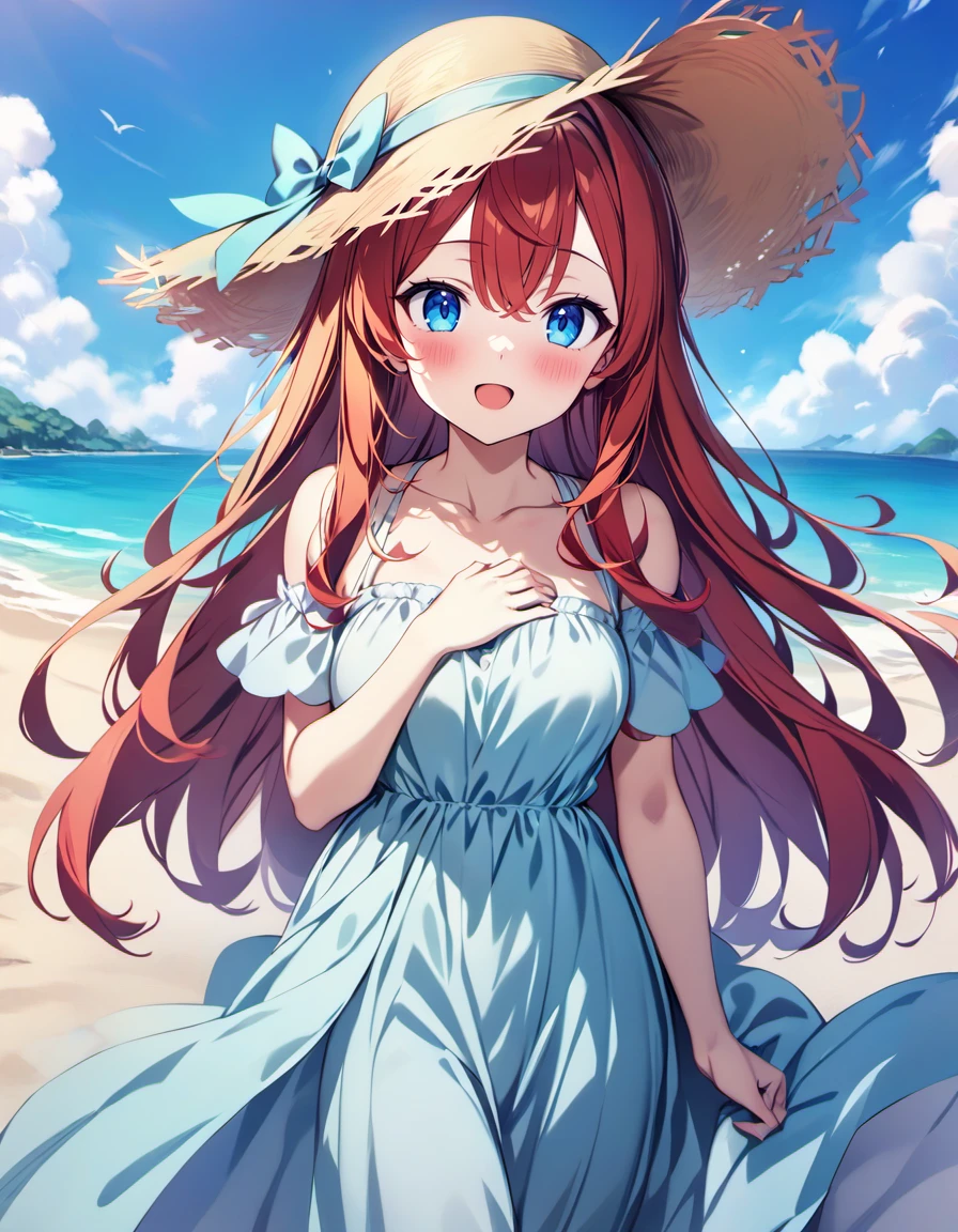 kierose,1girl,pastel colors, solo, long hair, breasts, blush, bangs hair between eyes, very long hair,blush,happy,open_mouth,:D,blue_eyes,red_hair,open_mouth,blue sky,looking at viewer, outdoors,beach,sundress, dress straps, bare shoulders, collarbone,long_dress,blue_sky,hand on own chest, straw hat, looking at viewer, <lora:kierose_xl_v1:1>,best_quality,masterpiece