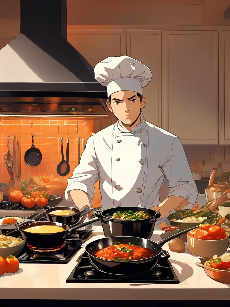 Culinary anime scene in a bustling kitchen as a chef prepares a signature dish, capturing the fiery intensity of the stove and the chefâs concentration, digital composition, trending on ArtStation.,