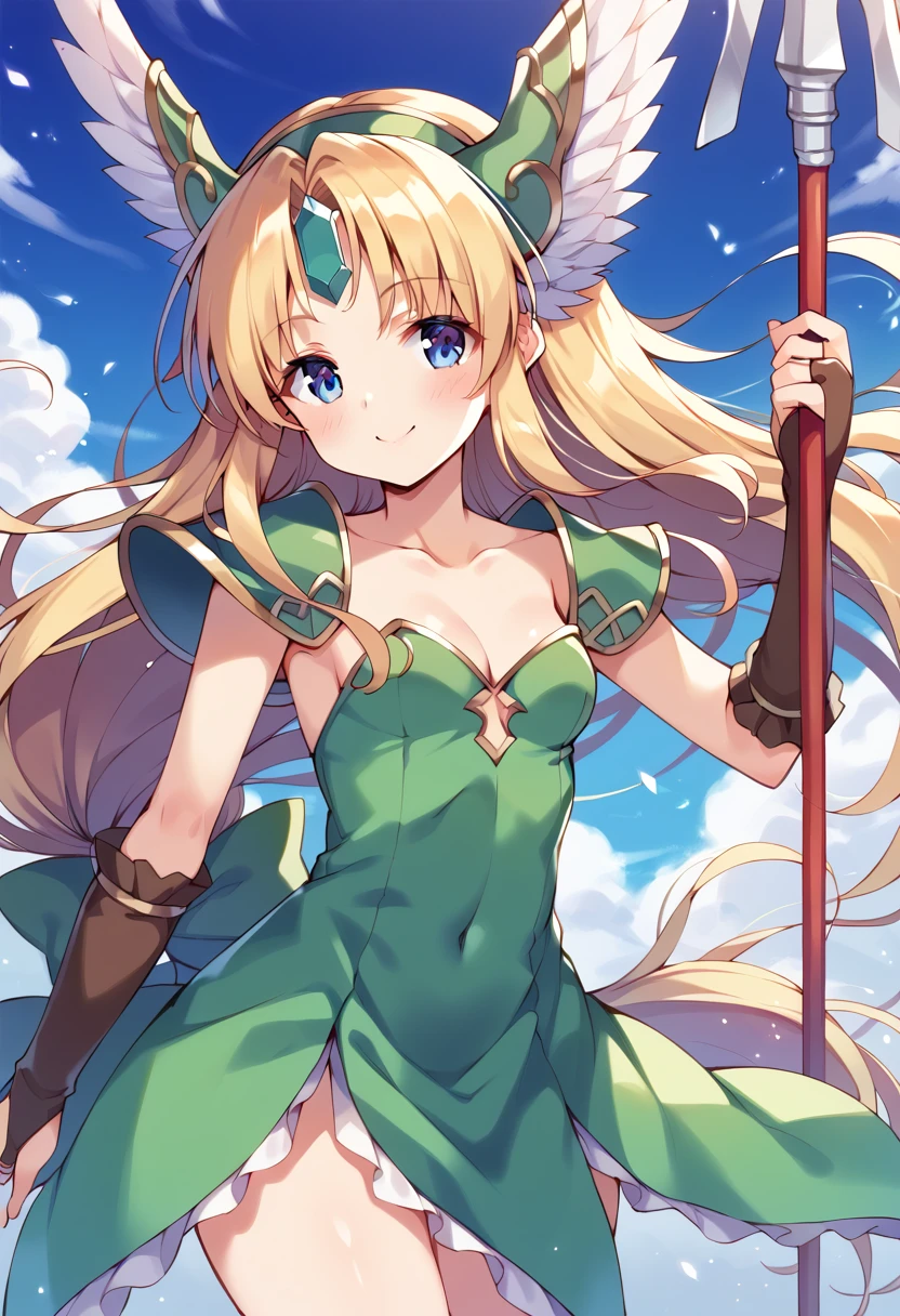 score_9, score_8_up, score_7_up, best quality, masterpiece, source_anime BREAK
1girl, riesz, original, blonde hair, solo, blue eyes, polearm, low-tied long hair, smile, cleavage, very long hair, spear, bridal gauntlets, day, shoulder armor, small breasts, helmet, looking at viewer, hair bow, winged helmet, cloud, green dress, green bow, pauldrons, blush, blue sky, standing, forehead jewel, cowboy shot, fingerless gloves, holding polearm, closed mouth, eyebrows visible through hair, outdoors, short dress, strapless dress, collarbone, bangs, sleeveless dress, thighs, gem, black gloves, shiny, floating hair, sidelocks, covered navel, ribbon, hair ornament, shiny hair, brown gloves, wind, light particles, elbow gloves, cloudy sky, head wings <lora:riesz_sdxl_locon_pony_v1:0.7>