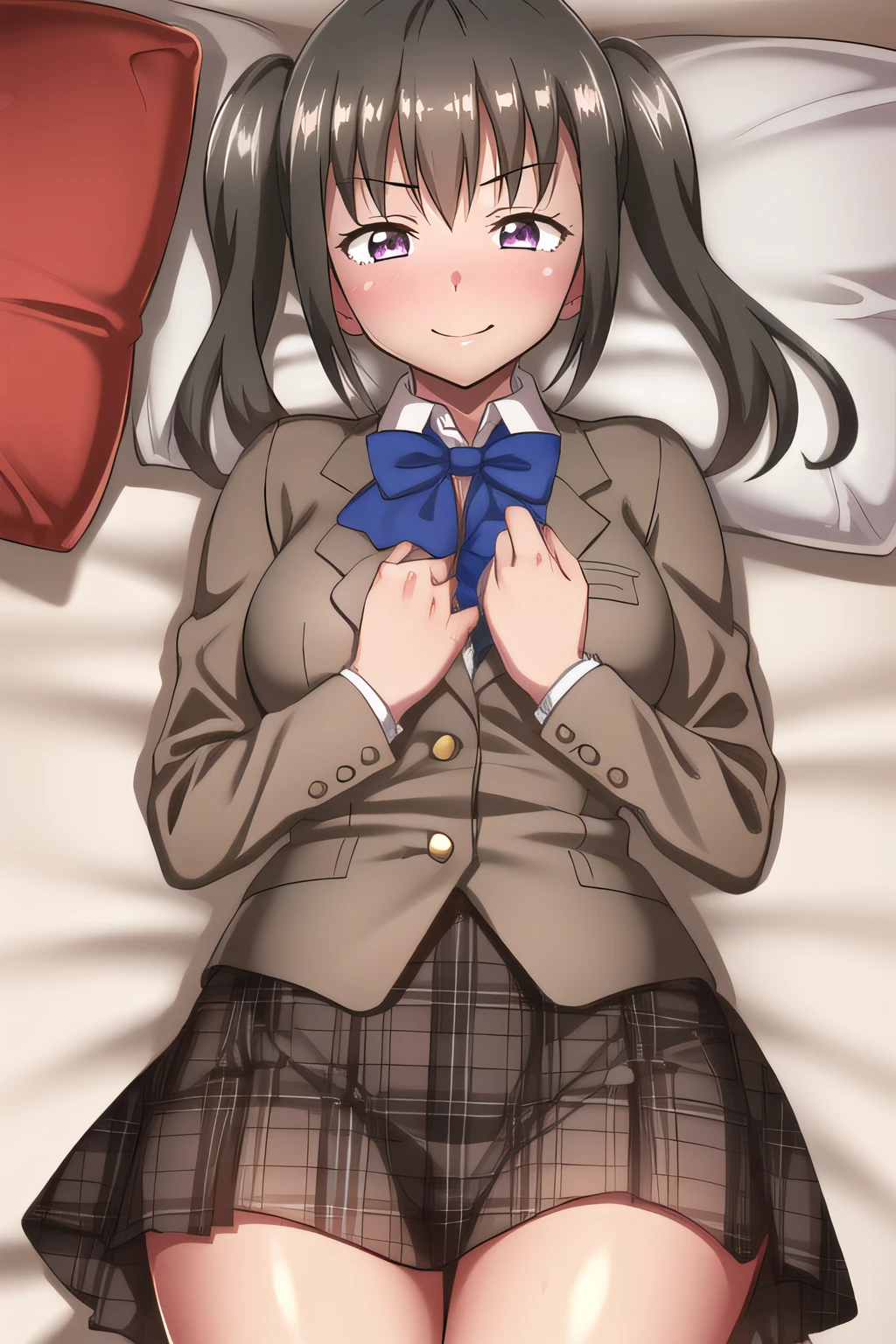 (masterpiece:1.2), best quality, high resolution, unity 8k wallpaper, (illustration), extremely detailed face, perfect lighting, extremely detailed CG, <lora:Sister:0.7>, sister, cowboy shot, looking at viewer, simple background, frontal view, blush, purple eyes, lying on bed, bed sheet, brown skirt, brown jacket, blue bowtie, (white shirt:1.2, hands on chest), plaid skirt, embarrased, smile