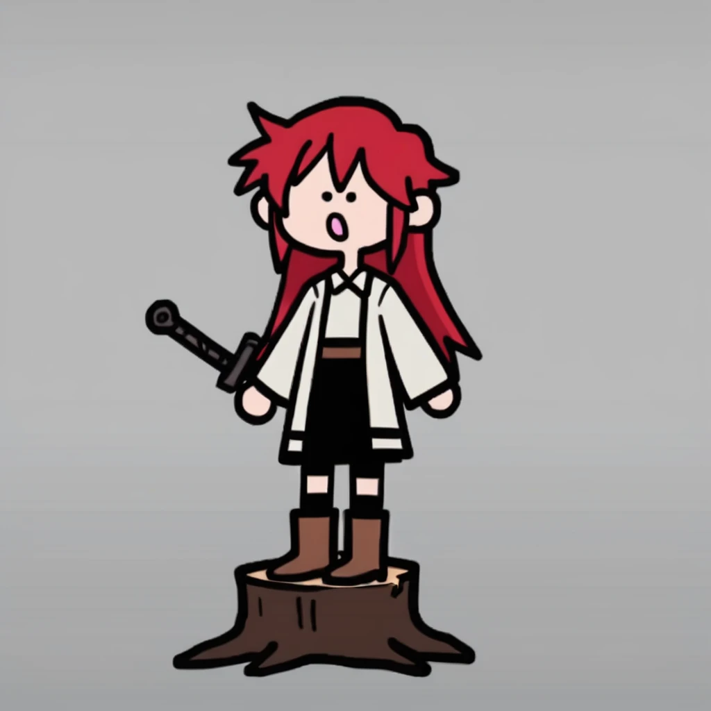 score_9, score_8_up, score_7_up, score_6_up, score_5_up, score_4_up, source_anime, terminalmontage, girl, eris greyrat, solid color background, dot eyes, long straight red hair, white long sleeve shirt, brown belt, long black socks, brown boots, holding a sword in the air, mouth open, standing on a tree stump, humanoid<lora:PD Terminalmontage Style:0.8>