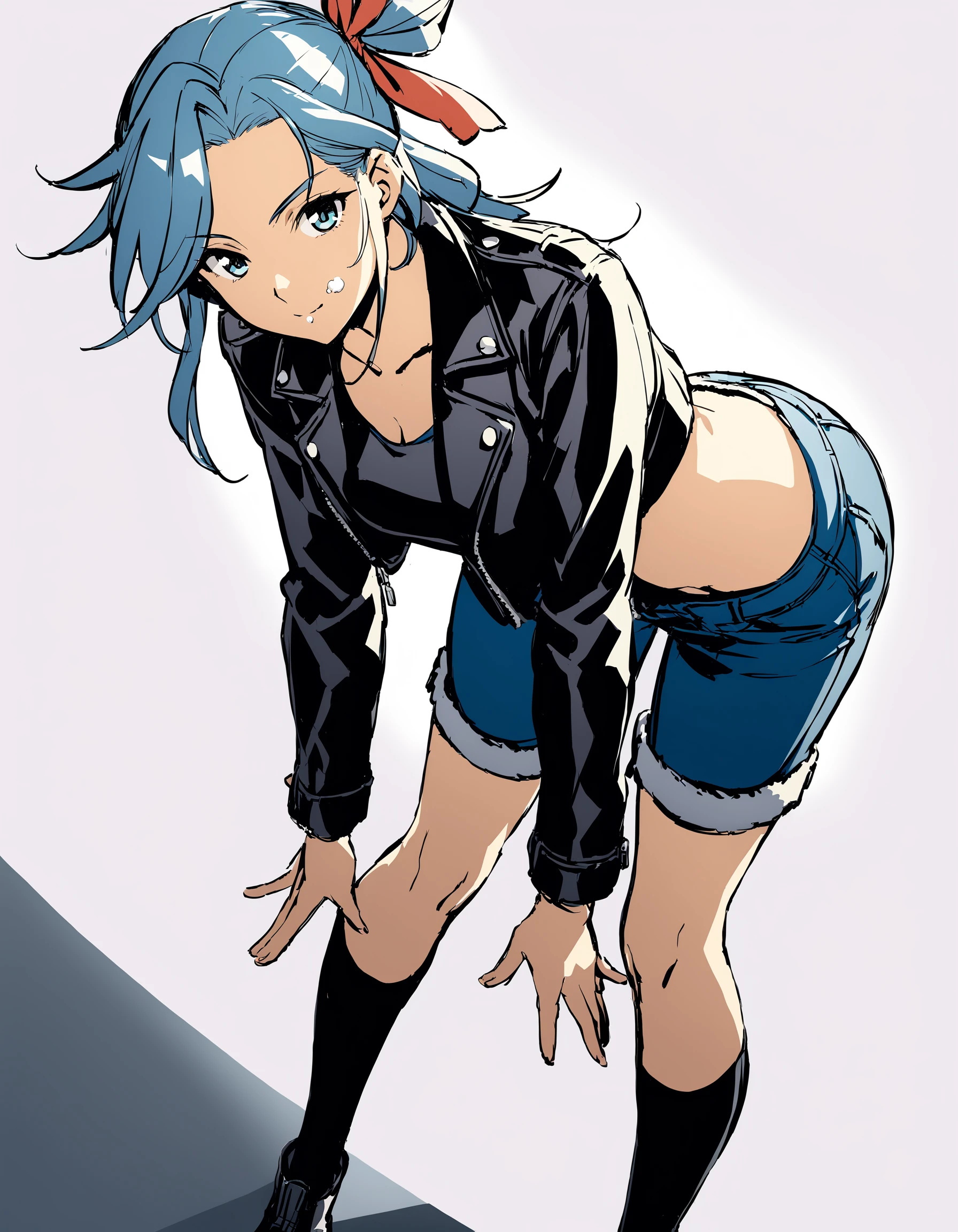 Fushigi Yuugi Style, 1girl, mature, solo, looking at viewer, skirt, simple background, long sleeves, white background, jacket, leather jacket, crop top, hair ribbon, denim pants, food, socks, sketch, parted bangs, leaning forward, knees together feet apart, food on face, hands on own knees, best illustration, cinematic angle, cinematic lighting, masterpiece, official art, <lora:Fushigi_Yuugi_Animaginexl:1>
