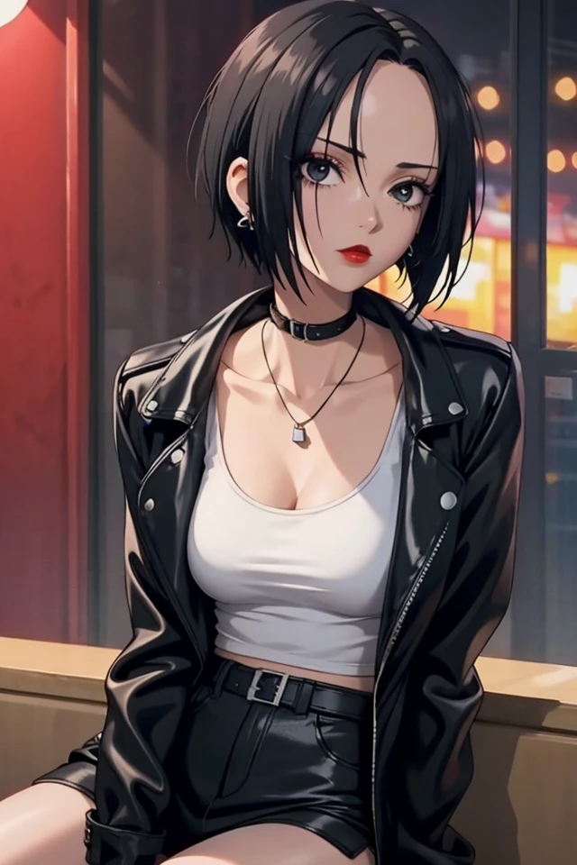 (Nana_Osaki), 1990s, black hair, short hair, earrings, 1girl, ring, red lips, solo, makeup, black eyes, black choker, choker, collarbone, ear piercing, eyelashes, eyeshadow, necklace, red nails, leather jacket, white tank, black miniskirt, black legwear garter, black boots, perfect eyes, perfect face, detail eyes,