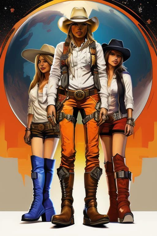 art style by mobius, cowboy, background, colorful, colorful planet saturnus background, day, fullbody, cowboy hat, boots legs, lips, multiple girls, pants, raw, science fiction, shoes, standing, stylize, ultrafine details, without