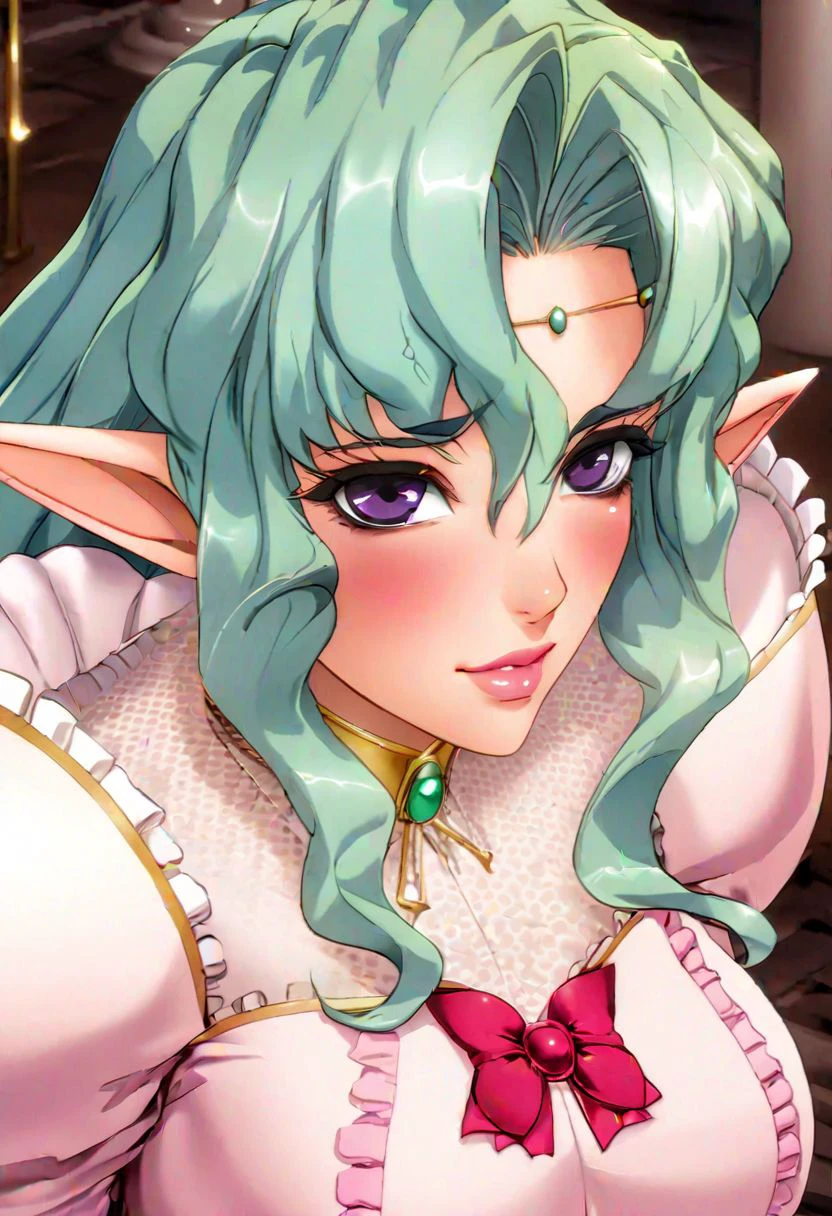 Arietta Elfinrine, delicate lady, violet eyes, detailed eyes, blush, Beautiful lips, lipgloss, luscius lips, teal hair, cross collar, pandant earrings, red ribbon on chest,  pink princess dress, elbow gloves, Forehead jewelry, delicated and intrincade, masterpiece, ultra detailed, 4k