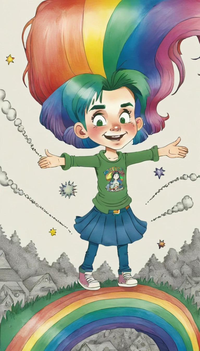 <lora:Everly Heights TaleSpinner:1> A children's book illustration of a 19-year-old InfiniteTina girl with rainbow hair as she falls through the multiverse. Trippy children's art in the style of Shel Silverstein.