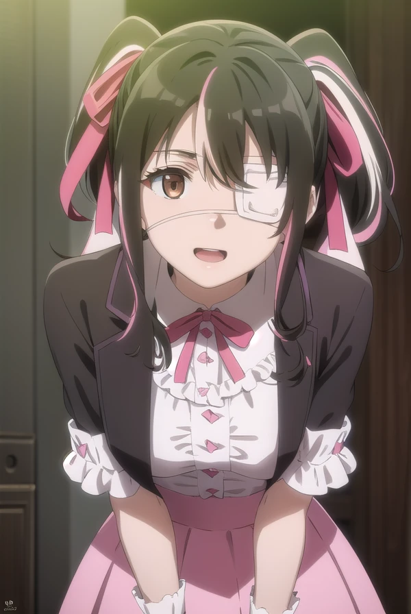 yuisaikawa, <lora:yui saikawa s1-lora-nochekaiser:1>,
yui saikawa, bangs, black hair, ribbon, twintails, (brown eyes:1.5), hair ribbon, pink hair, white hair, multicolored hair, two-tone hair, streaked hair, (eyepatch:1.5), medical eyepatch, smile,
BREAK shirt, white shirt, neck ribbon, center frills, skirt, pink skirt,
BREAK outdoors,
BREAK looking at viewer, dynamic pose, cowboy shot,
BREAK <lyco:GoodHands-beta2:1>, (masterpiece:1.2), best quality, high resolution, unity 8k wallpaper, (illustration:0.8), (beautiful detailed eyes:1.6), extremely detailed face, perfect lighting, extremely detailed CG, (perfect hands, perfect anatomy),