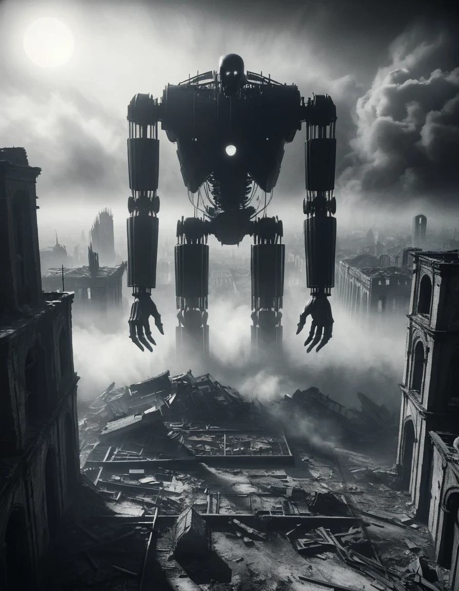 Shot from a bird's-eye view, a four-meter tall colossal onyx drdnght machine, marked with the iconography of the Iron Hands Chapter, marches stoically through the ruins of a shattered cityscape, the scene captured on black and white film, imbuing the image with a somber elegance befitting the sons of Ferrus Manus <lora:ral-ertmsphr:1> ral-ertmsphr