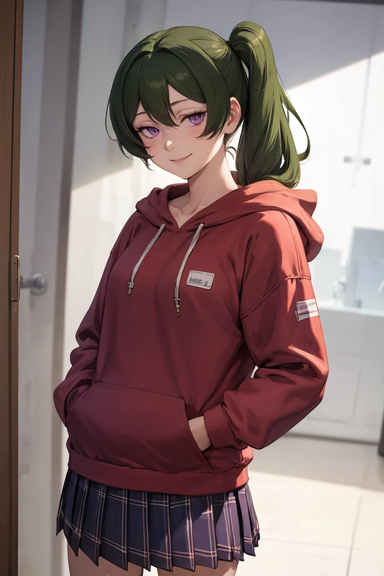 masterpiece, best quality, absurdres, 1girl, solo, UbelFrieren, purple eyes, side ponytail, indoors, plaid skirt, hoodie, smile, hands in pockets, <lora:UbelFrieren:1>
