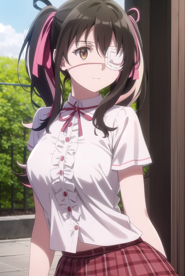 yuisaikawa, <lora:yui saikawa s1-lora-nochekaiser:1>,
yui saikawa, bangs, black hair, ribbon, twintails, (brown eyes:1.5), hair ribbon, pink hair, white hair, multicolored hair, two-tone hair, streaked hair, (eyepatch:1.5), medical eyepatch, smile,
BREAK shirt, white shirt, neck ribbon, center frills, skirt, pink skirt,
BREAK outdoors,
BREAK looking at viewer, dynamic pose, cowboy shot,
BREAK <lyco:GoodHands-beta2:1>, (masterpiece:1.2), best quality, high resolution, unity 8k wallpaper, (illustration:0.8), (beautiful detailed eyes:1.6), extremely detailed face, perfect lighting, extremely detailed CG, (perfect hands, perfect anatomy),