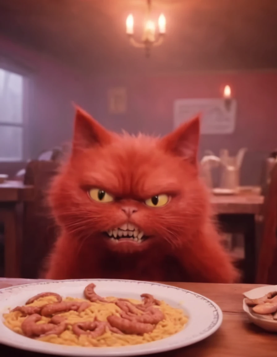red angry cat at table, yellow eyes, paws on (wooden table), gross worms in the plate, lunch in pub, baked chiken on the plate, ((RESERVED sign)), looking at viewer, close up, mystical dense fog, epic scene, haunting mist, (creepy and unsettling kids tv show) <lora:UNSTL_KIDS_TV_v2:1>