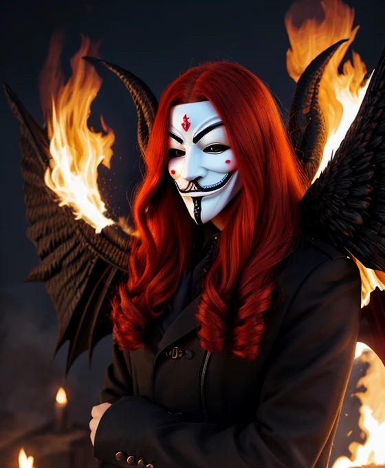 <lora:anonymous:0.4> anonymous, demon, anonymous mask, long red hair, fire, dark night, black coat, demon wings