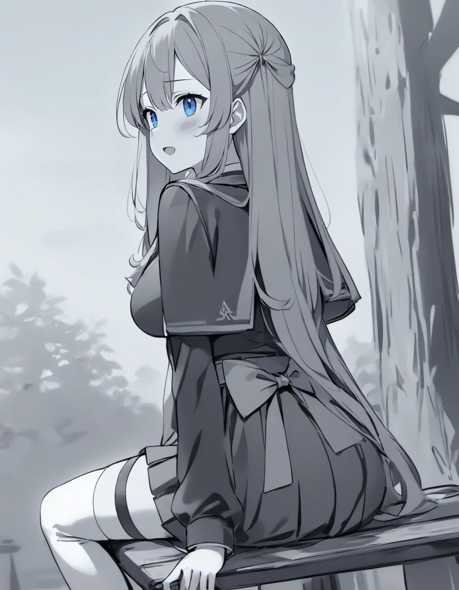 blue_theme,monochrome,kierose,1girl,pastel colors, solo, long hair, breasts,((from_behind)), blush, bangs, skirt, shirt, long sleeves, dress, bow, hair between eyes, very long hair, necktie, red bow, capelet, blue necktie, frown, no headwear,outdoors,sitting,bench,park,blush,smile,blue_eyes,red_hair,black_dress,black capelet, ribbon,bow, collared shirt, black sleeves, white thighhighs,dress_top, best_quality,masterpiece,open_mouth,buttons,:D,waist bow, pleated skirt,button,blue sky,thigh strap,belt,chest strap,((red_ribbon)), <lora:kierose_xl_v1:1>