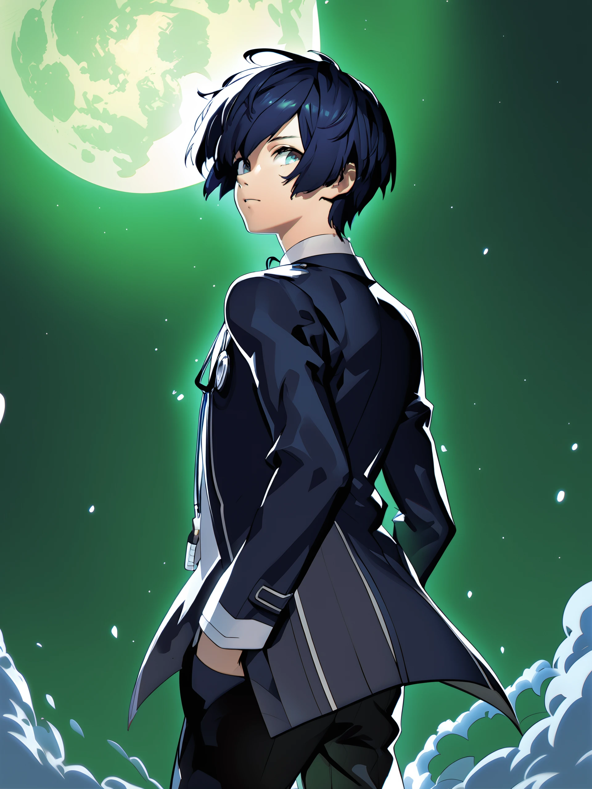 1boy, yuuki makoto, gekkoukan high school uniform, green moon, looking back, persona, soejima shigenori, masterpiece, best quality, absurdres, <lora:persona_xl_delta_rev1_2:0.95>