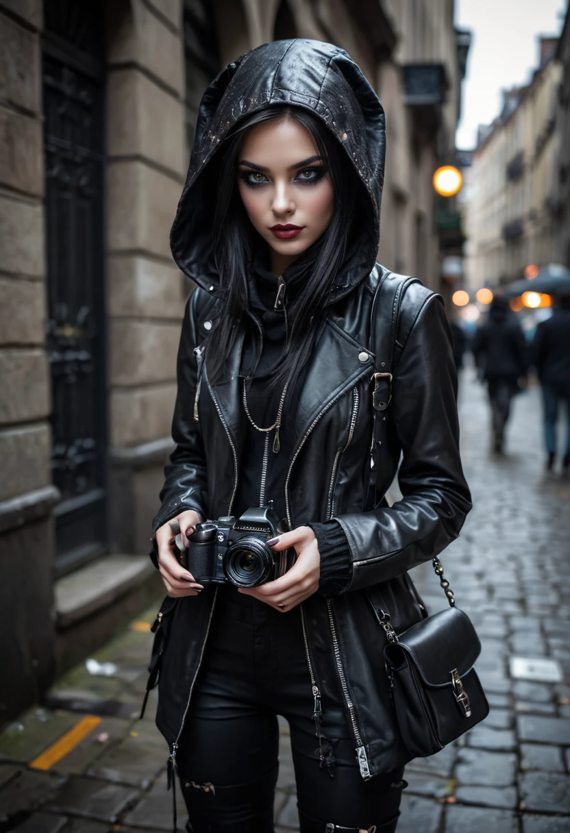 macabre style gritty street photography, holding a camera, young hacker, urban, matrixpunk cyber-costume, . dark, gothic, grim, haunting, highly detailed,
