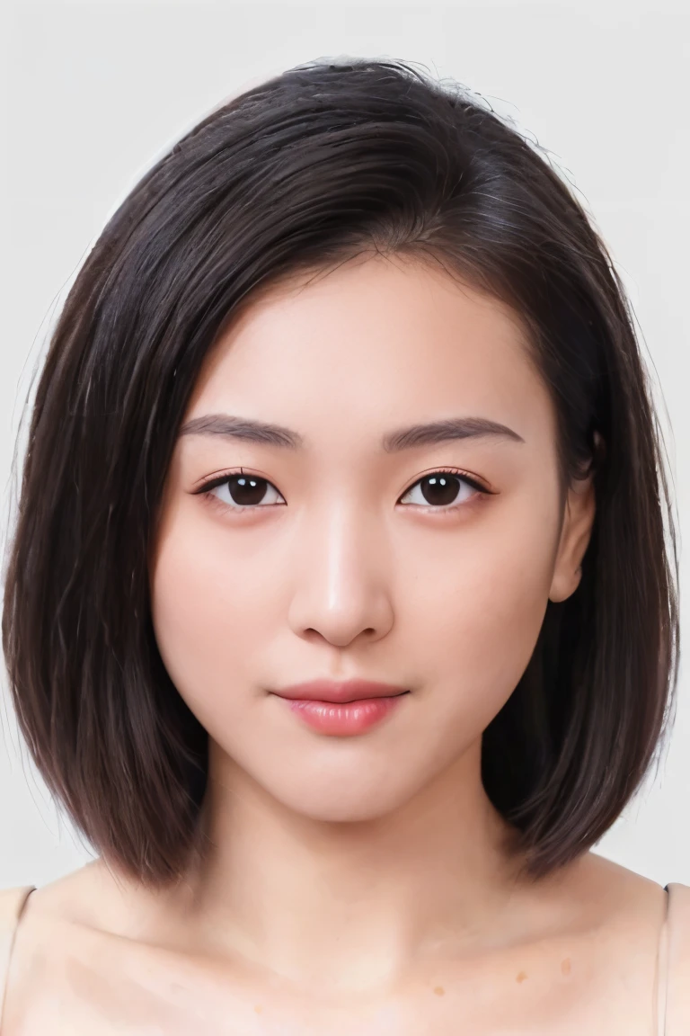 (masterpiece, top quality, best quality, (close-up photograph: 2), ((1girl)), korean, fair skin, (extremely detailed face), ((looking at viewer)), ((((ultra-detailed eyes and pupils)))),((((ultra-detailed lips)))) cheekbone, plump cheeks, ((bare pectorals)), ((bare chest)), ((tube dress)), bare head, ((bare shoulders)), symmetrical frame, (((strapless))), ((closed lips)), (((smile))), ((symmetrical pose)), (symmetrical face: 1.6), 35mm, ((((minimal plain white background)))), ((no lighting)),no watermark, ((medium hair)), <lora:luoluo50:0.7>