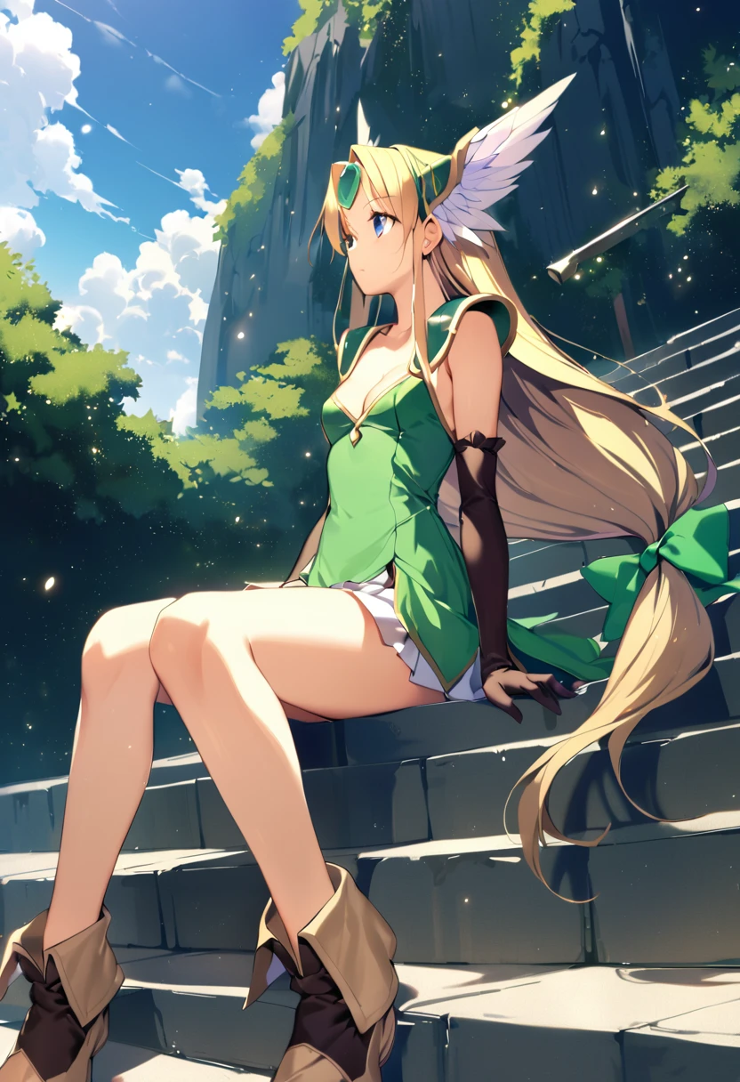 1girl, riesz, original, solo, sitting, low-tied long hair, winged helmet, very long hair, blonde hair, blue eyes, sky, small breasts, helmet, armor, cloud, elbow gloves, legs, hair bow, green dress, bare legs, stairs, head wings, cleavage, sitting on stairs, short dress, looking away, forehead jewel, outdoors, polearm, water, ankle boots, light particles, long legs, skirt, ribbon, looking afar, shoes, sleeveless, black gloves, masterpiece, best quality <lora:riesz_sdxl_locon_ani_v1:0.7>