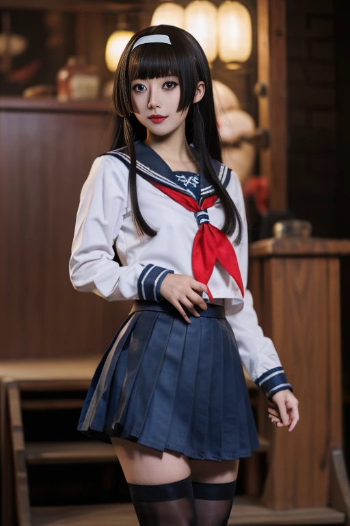 ltra-detailed,highly detailed,best quality,masterpiece,illustration,realistic,photorealistic,
renge, cosplay, solo, 1girl, cosplay, 
school uniform, serafuku, sailor collar, long sleeves, neckerchief, pleated skirt, thighhighs, zettai ryouiki, 
long hair, bangs, sidelocks, hairband, hair tubes, headband,
looking at viewer, standing, cowboy shot, 
blurry background, indoors, photo background, table, hime cut, 
<lora:renge_jk_v1_10:0.7>