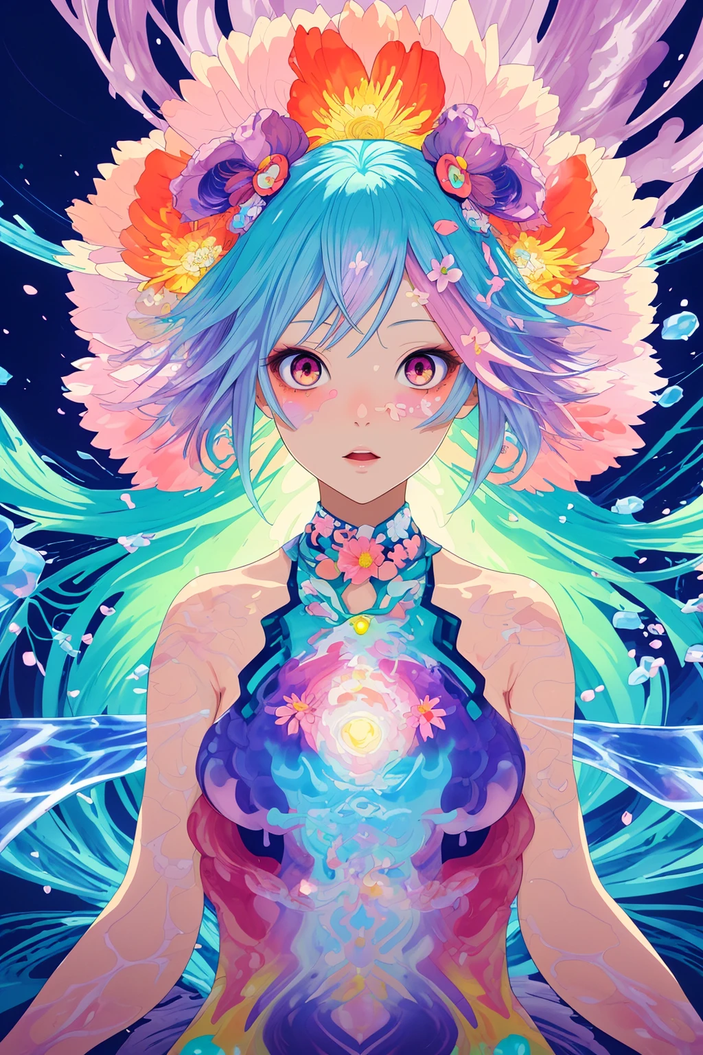 An anime girl, upper body, ambient light, Harajuku fashion, flowers, fusion of fluid abstract art, glitch, fusion of limited color, geometric art style of Hannah Yata