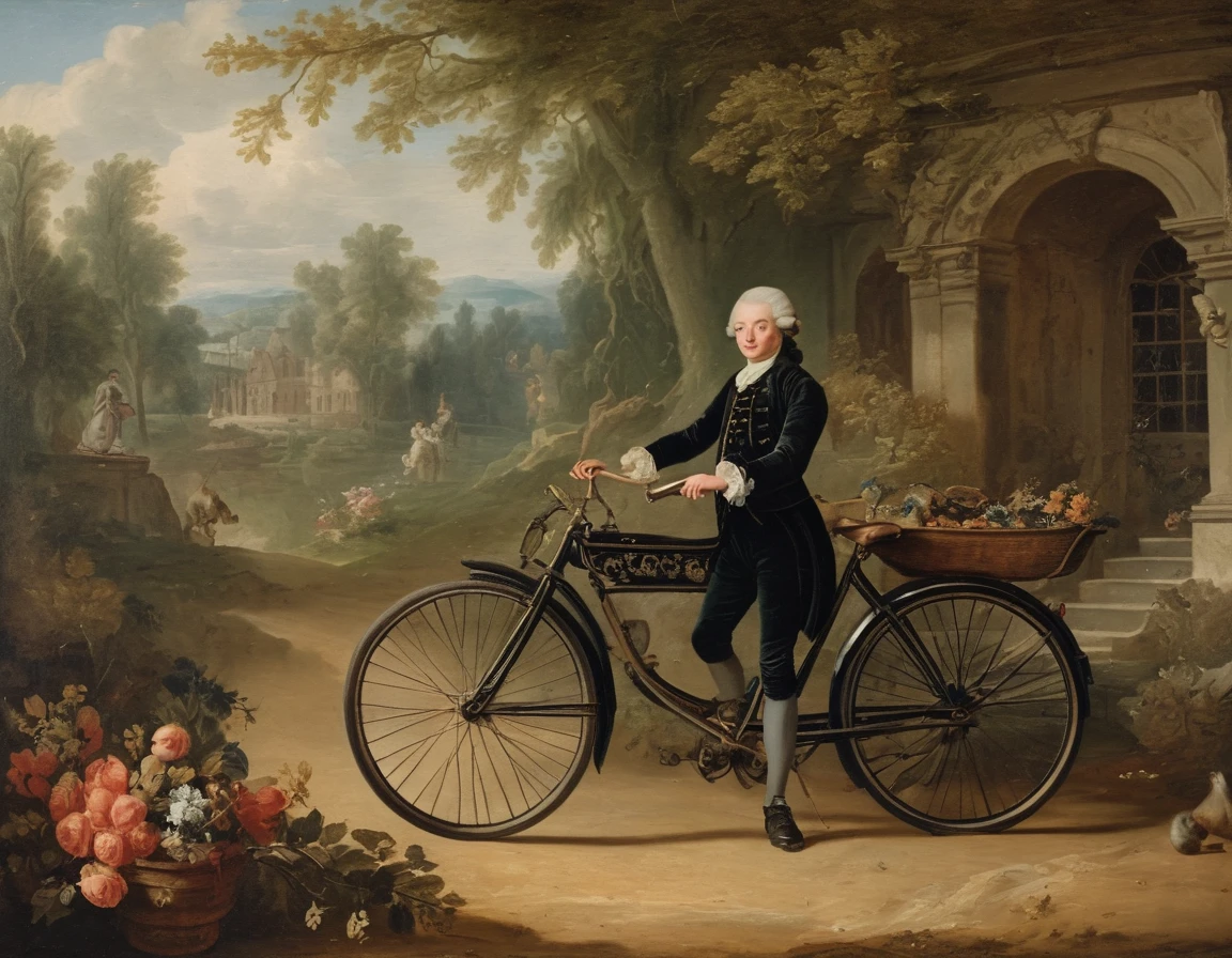 ((Old Oil Painting of a boy in a old bicycle in 1750 by g0ya, brush strokes by g0ya)),((old painting rococo:1,terror (theme))),g0ya style