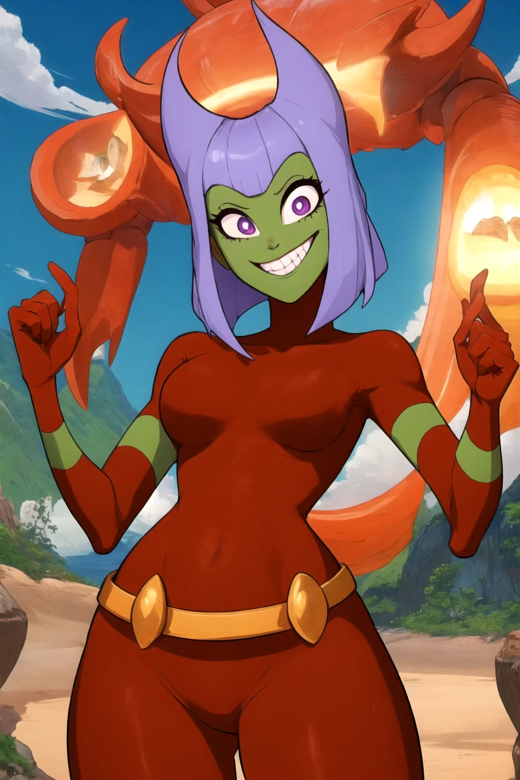 buttwitch, 1girl, red_bodysuit, smile, belt <lora:ButtwitchV1-000005:0.99>, beautiful, (masterpiece:1.2), (best quality:1.2)