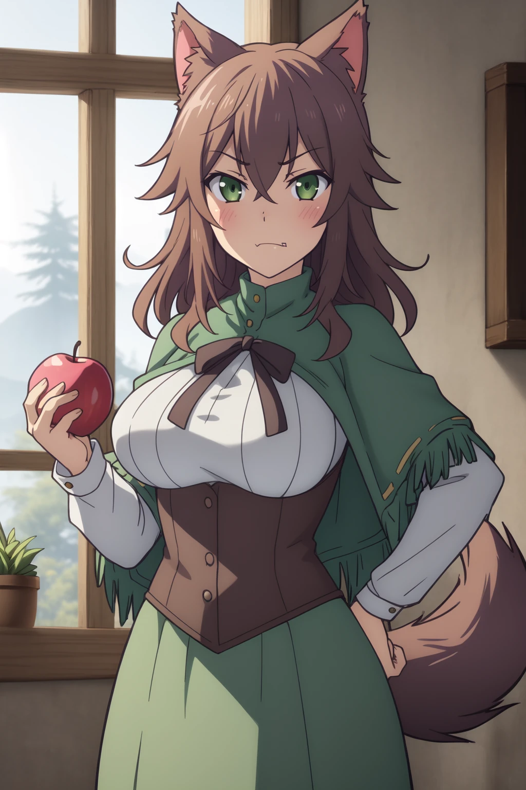 <lora:Choujin KoukouseiV1:0.7>
Winona,absurdres,masterpiece,1girl,solo,long hair,breasts,looking at viewer,large breasts,brown hair,long sleeves,dress,holding,animal ears,hair between eyes,green eyes,tail,food,fang,indoors,hand on hip,window,capelet,frown,wolf ears,holding food,corset,:t,apple,wolf girl
