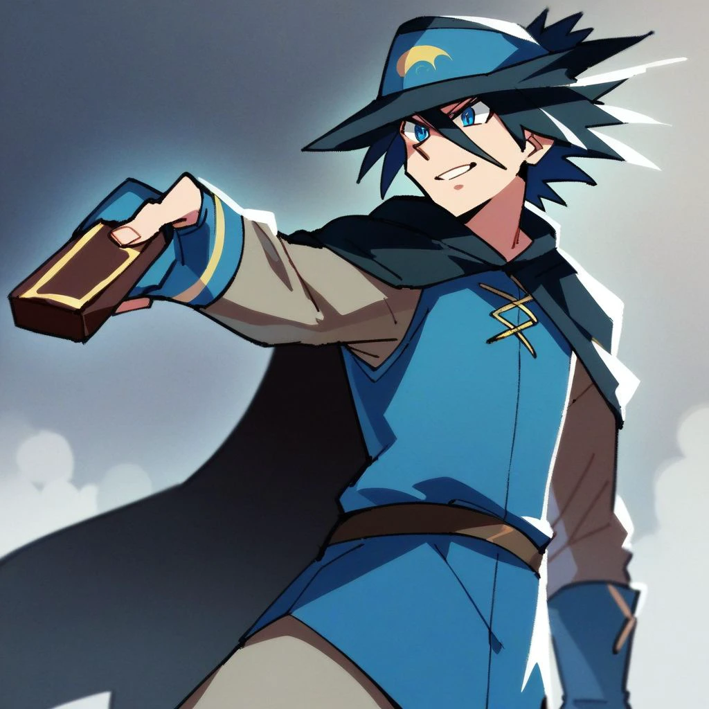 score_9,score_8_up,score_7_up,score_6_up,score_5_up,score_4_up, solo, 1boy, black hair, blue eyes, spiked hair, hair between eyes , Hat, cape, black cape, tunic, long sleeves, pants, boots, belt, blue gloves, smile, holding, chocolate, chocolate bar