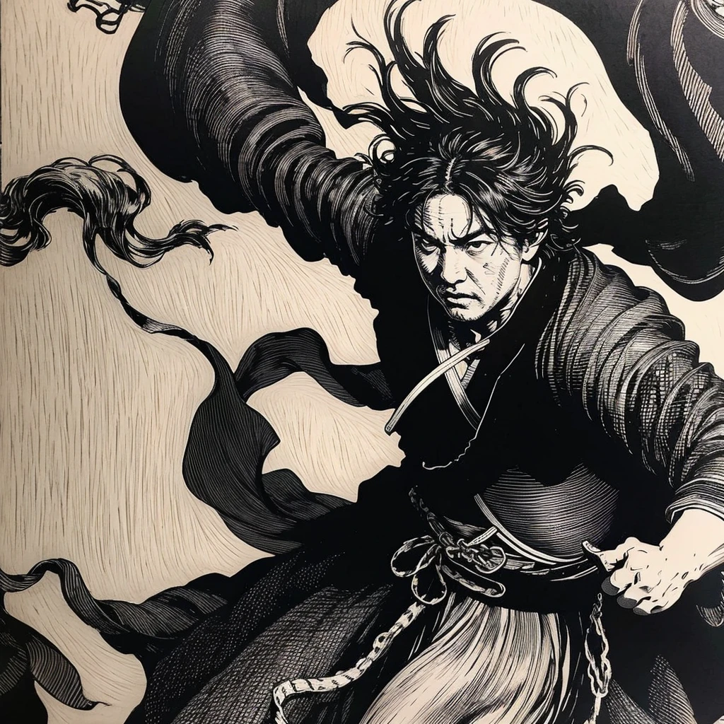 best quality,extreme detailed,<lora:woodblock_print:0.7>,black and white,swordsman,Chinese style,official art,