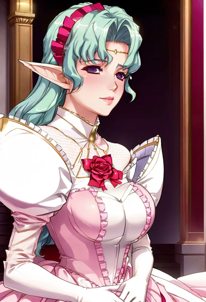 Arietta Elfinrine, delicate lady,  violet eyes, blush, beautiful lips, lipgloss, luscius lips, circlet, cross collar, white sheer mesh, pink gown with sleeves, big red ribbon with a rose at center on her chest, elbow gloves, detailed and Intricate, masterpiece