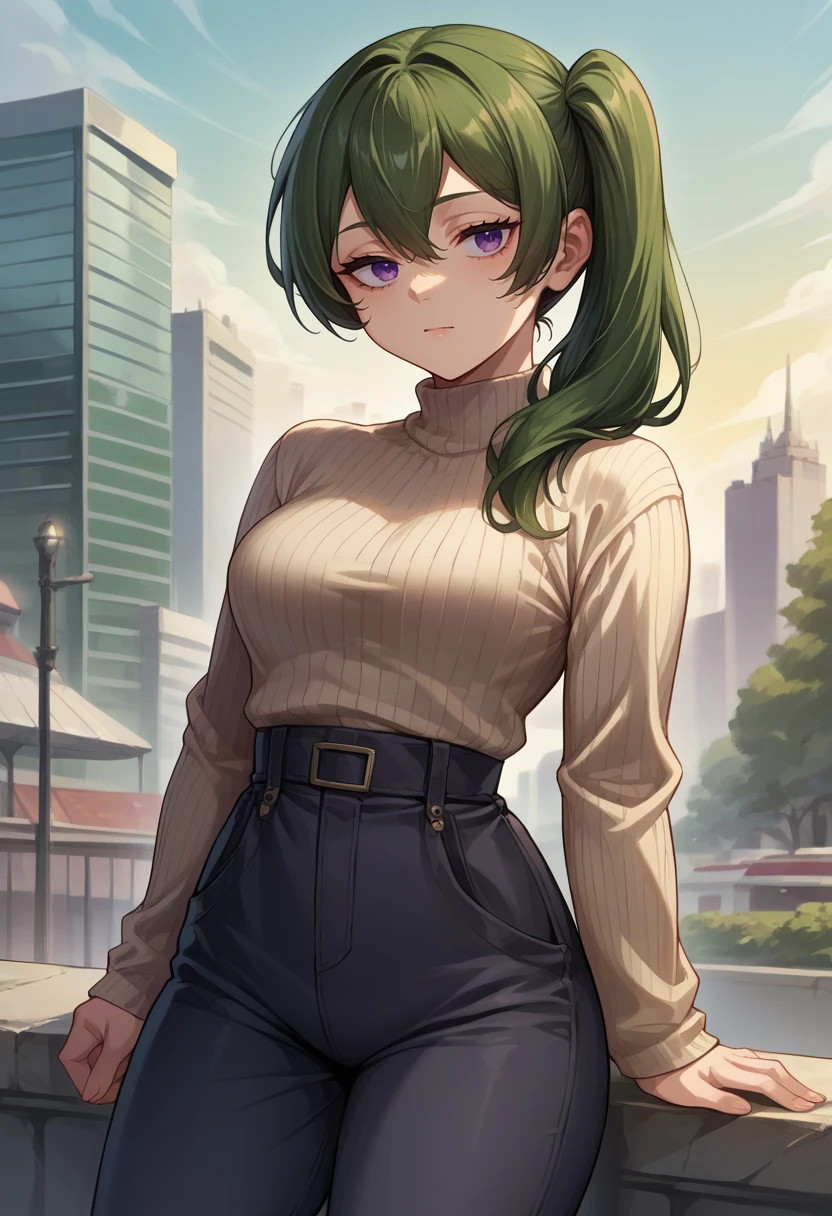 score_9, score_8_up, source_anime, 1girl, solo, UbelFrieren, purple eyes, dark green hair, medium hair, side ponytail, sweater, ribbed sweater, long sleeves, high-waist pants, outdoors, city, <lora:CHAR-UbelPonyXL:1>