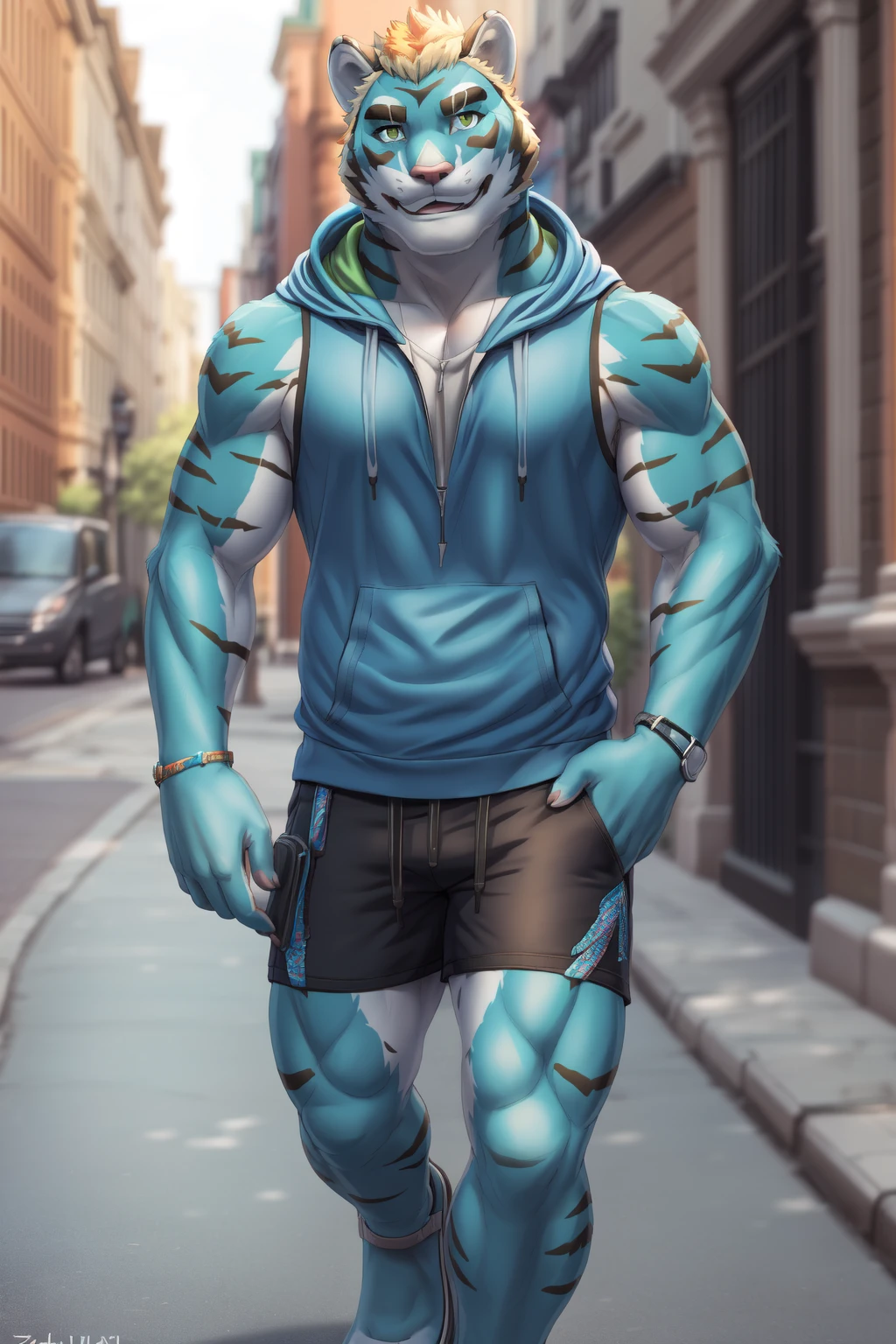 <lora:rexer-07:1>, rexer, green eyes, (posing:1.3), (soft shading), 4k, hi res, ((detailed face, detailed)), by zackarry911, by zaush, (by personalami:0.5), hoodie, sleeveless, sleeveless hoodie, shorts, smile, looking at viewer, street, shoes,