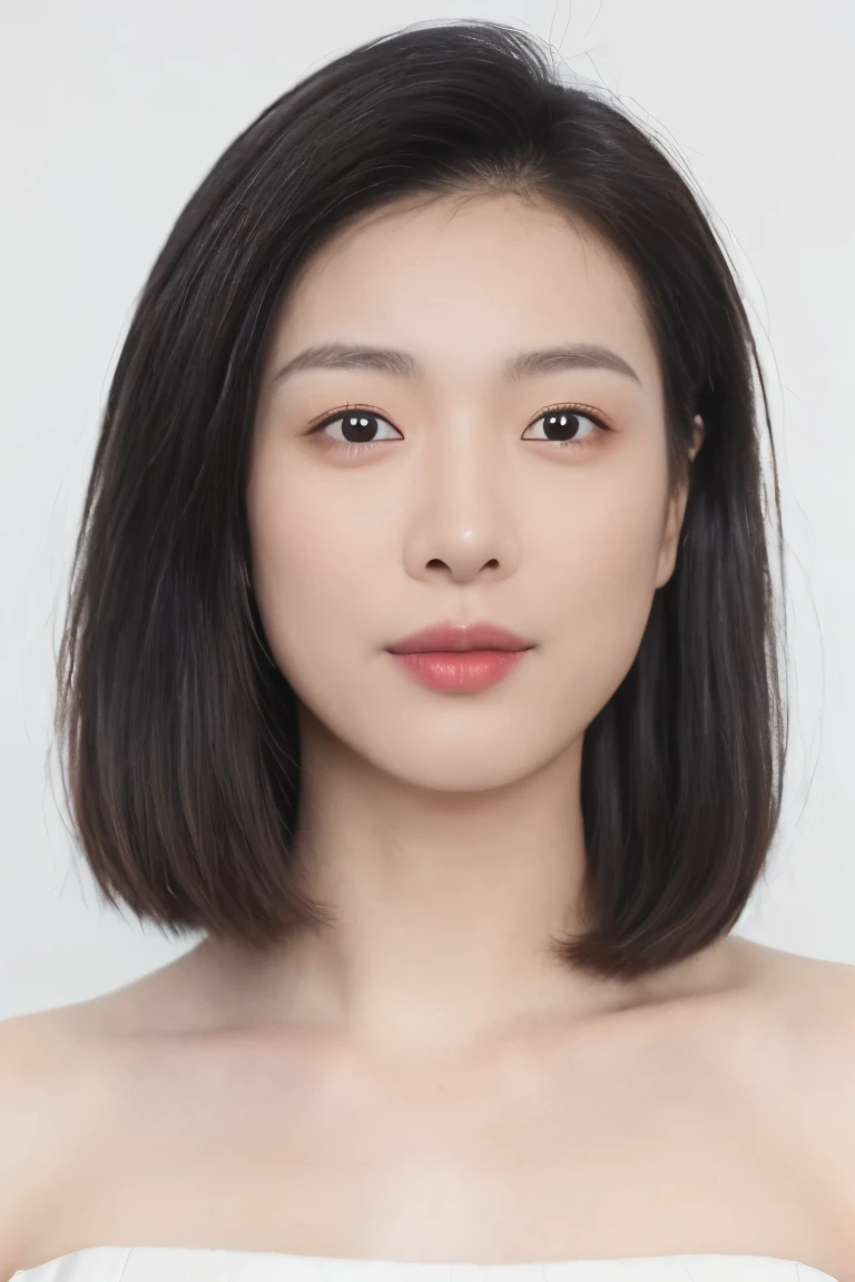 (masterpiece, top quality, best quality, (close-up photograph: 2), ((1girl)), korean, fair skin, (extremely detailed face), ((looking at viewer)), ((((ultra-detailed eyes and pupils)))),((((ultra-detailed lips)))) cheekbone, plump cheeks, ((bare pectorals)), ((bare chest)), ((tube dress)), bare head, ((bare shoulders)), symmetrical frame, (((strapless))), ((closed lips)), (((smile))), ((symmetrical pose)), (symmetrical face: 1.6), 35mm, ((((minimal plain white background)))), ((no lighting)),no watermark, ((medium hair)), <lora:luoluonew:0.7>
