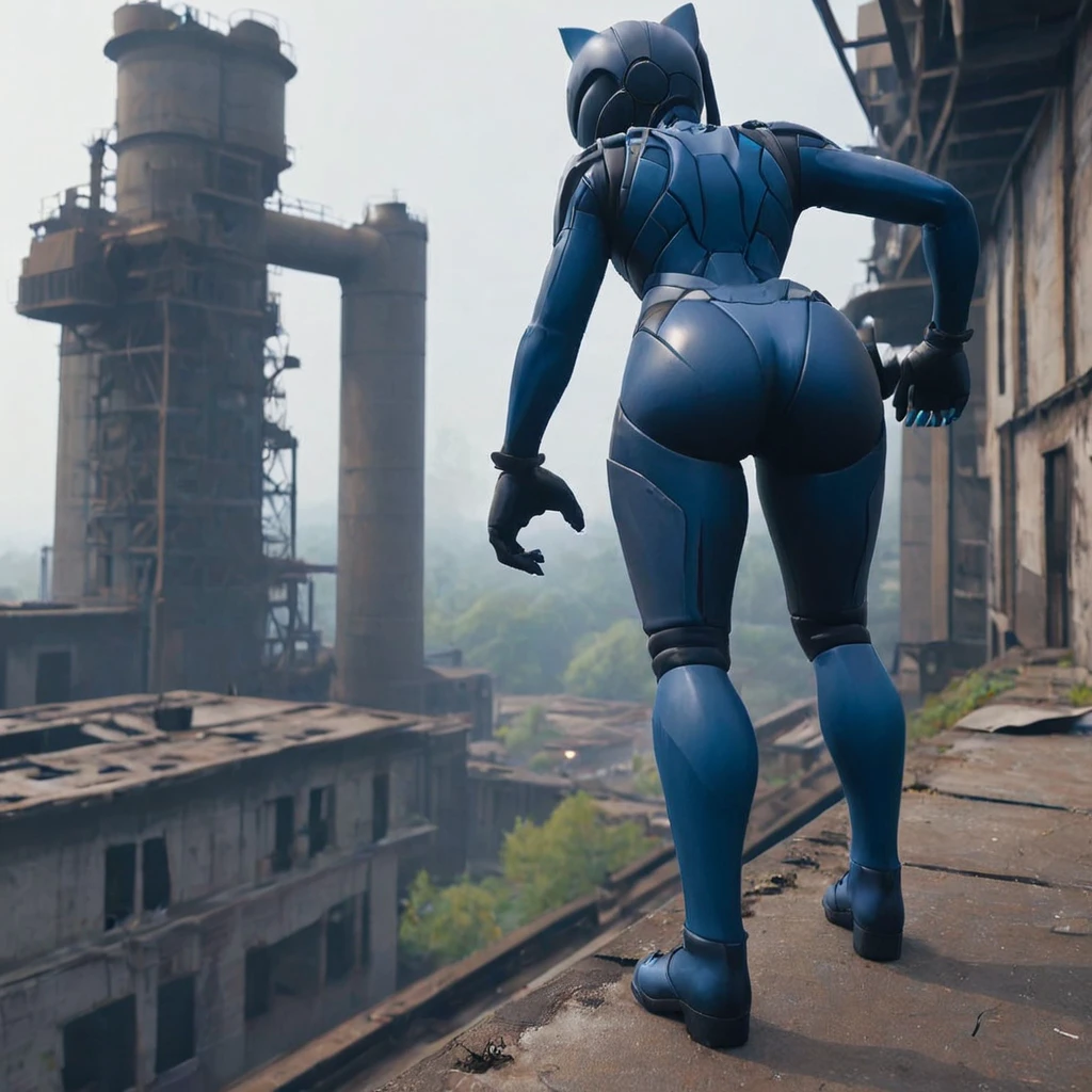 FortniteLynx standing on a ledge overlooking an abandoned factory, <lora:FortniteLynx-Overtrained:1>, blue suit, seen from behind, seen from below