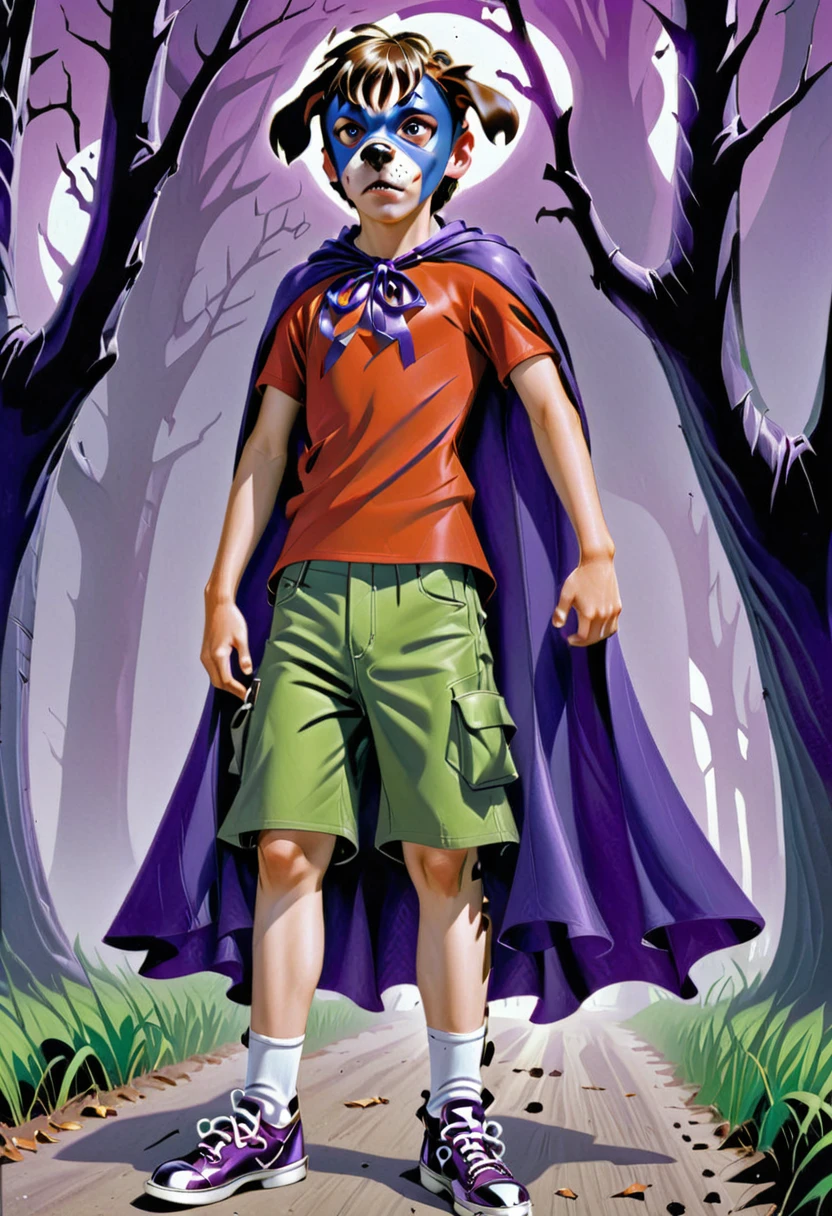 <lora:DogboyXL:.9> A 14-year-old Dogboy in his purple cape by Alex Ross