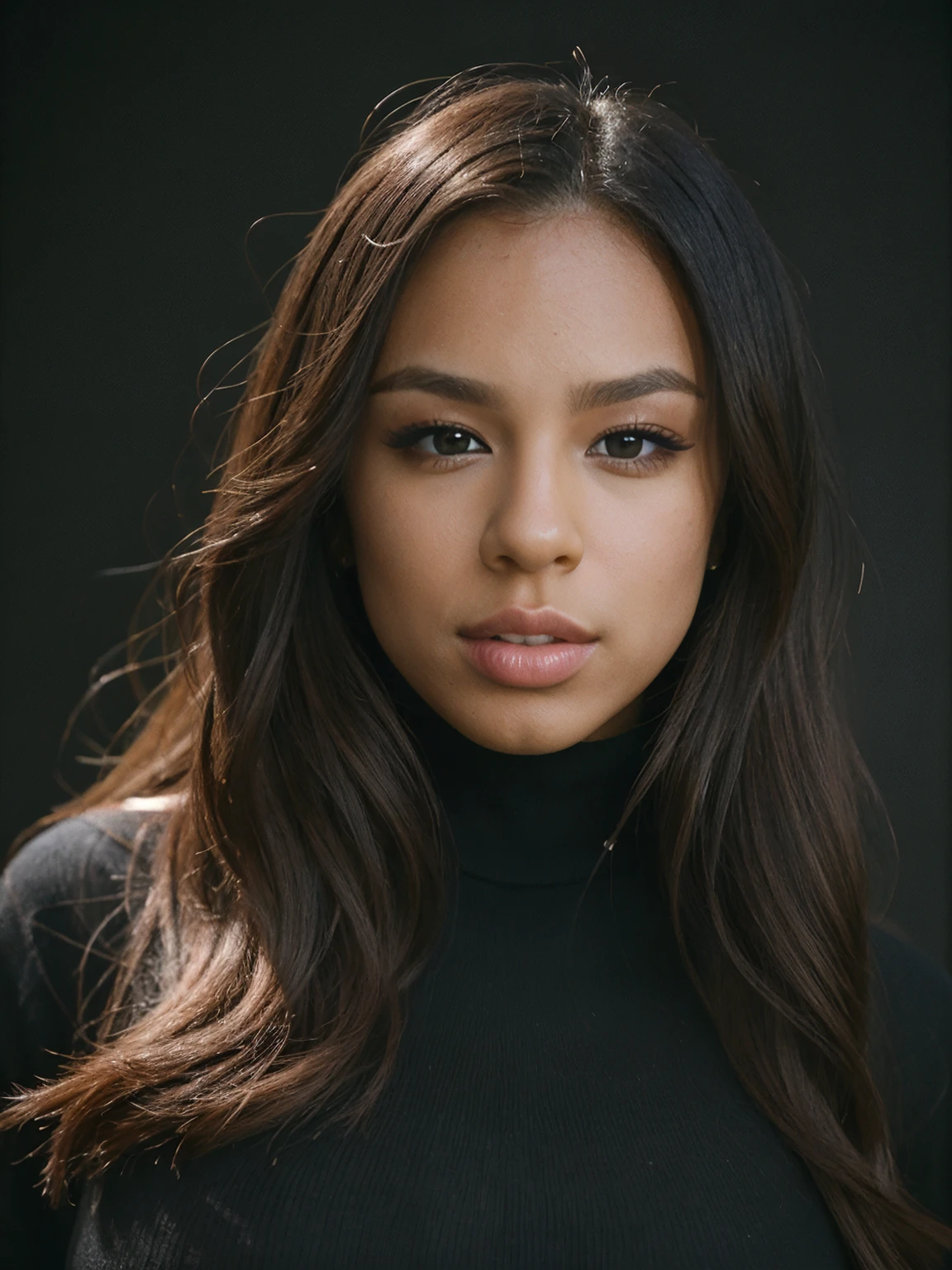 epic35mm, photo of a beautiful woman, (block_autfal:0.99),perfect long dark hair, (closeup headshot), (wearing black turtleneck jumper:1.2), (simple background:1.2), 70mm, (analog, cinematic, film grain), ((detailed eyes)), Fujifilm XT3, <lora:epiC35mm:1>