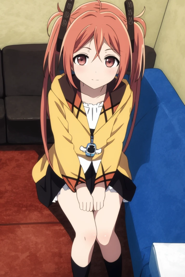 masterpiece, consistent background, indoors, 
 <lora:black_bullet enju aihara:0.7> enju aihara, sitting on sofa, drone pov, dutch angle, from above, looking at viewer