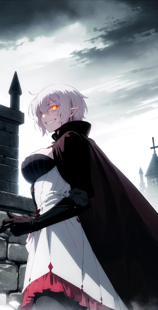 JeanneV2, 1girl, solo, portrait, grin, black cape, pointy ears, fangs, glowing eyes, dark castle in background, spooky theme, perfect quality, good quality, masterpiece, HDR, UHD <lora:Jeanne V2-000003:0.7>